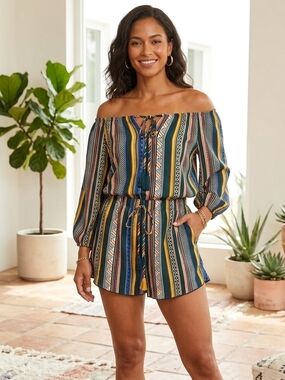 Multi-Stripe Off-Shoulder High Waist Shorts Set